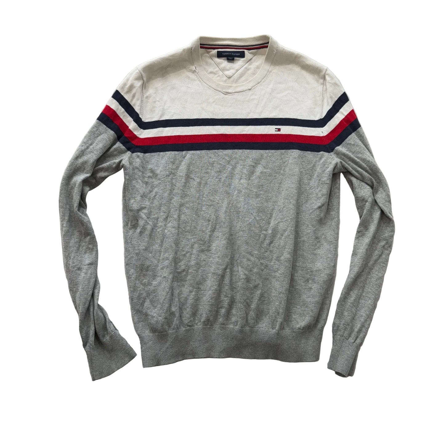 Tommy Hilfiger Men's Gray Striped Cotton Pullover Sweater Crew Neck Y2K Size M