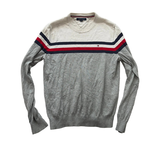 Tommy Hilfiger Men's Gray Striped Cotton Pullover Sweater Crew Neck Y2K Size M