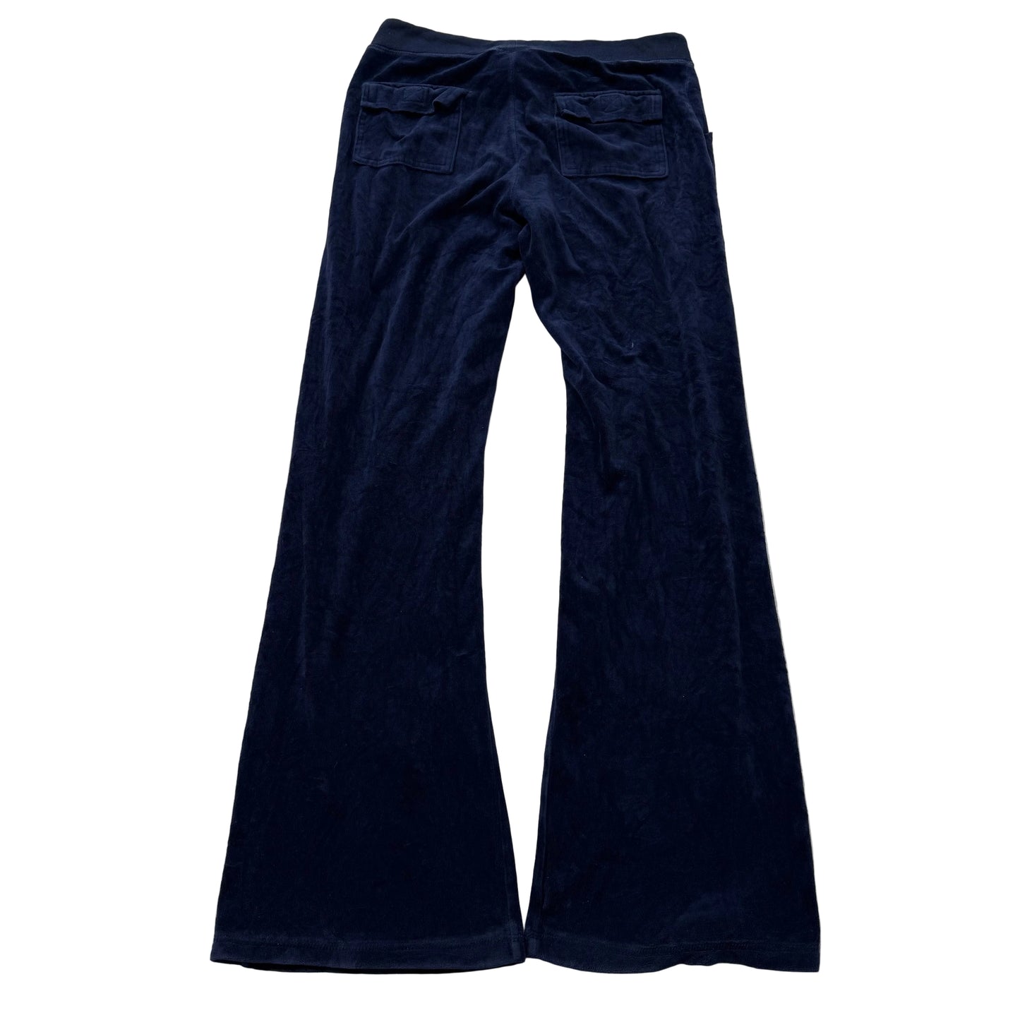 Vintage Juicy Couture Women Navy Velour Flare Track Pant Back Flap Pocket Size L