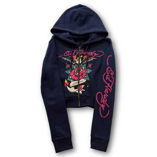 ED HARDY “Eagle Rose” NAVY CROPPED ZIP UP HOODIE