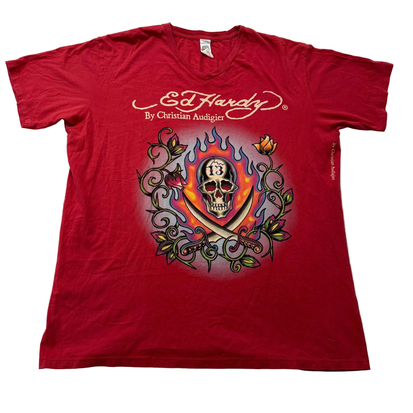 ED HARDY by Christian Audigier "Flame Pirate Skull" Red Graphic T-Shirt Size XXL