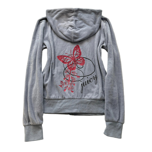Juicy Couture Women Light Blue Velour Zip-Up Hoodie Pocket Butterfly Graphic - M