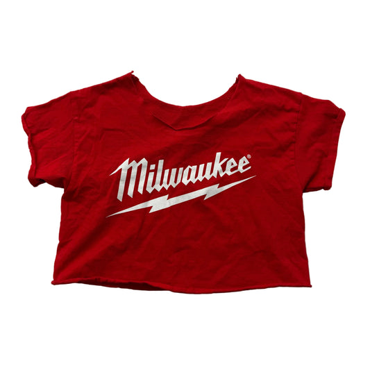 Milwaukee Tool Women's Red Cotton Cropped T-Shirt Raw Edge Streetwear Tee Size