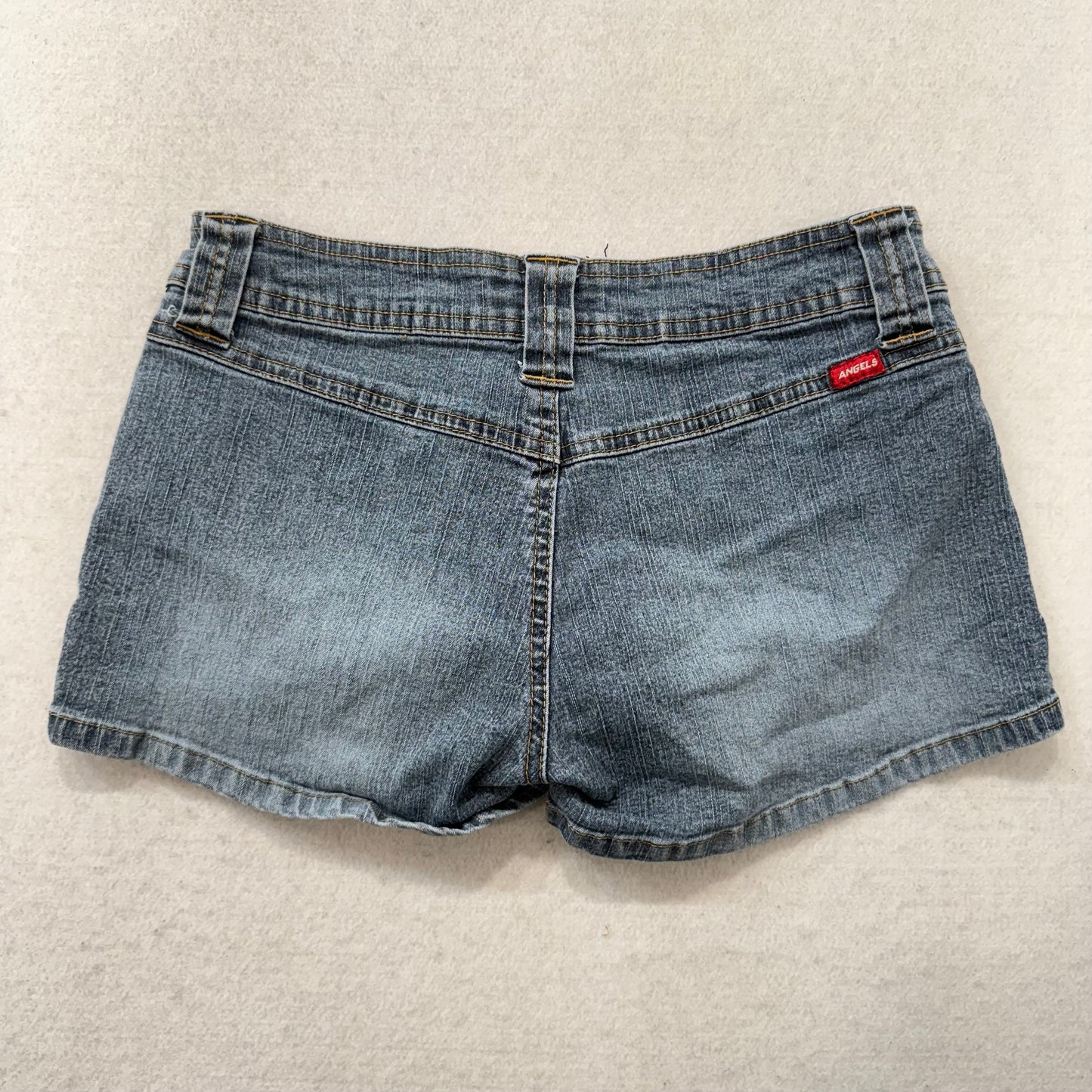 Angels Medium Wash Blue Denim Cargo Mini Shorts Zip Pockets Low Rise Size 28