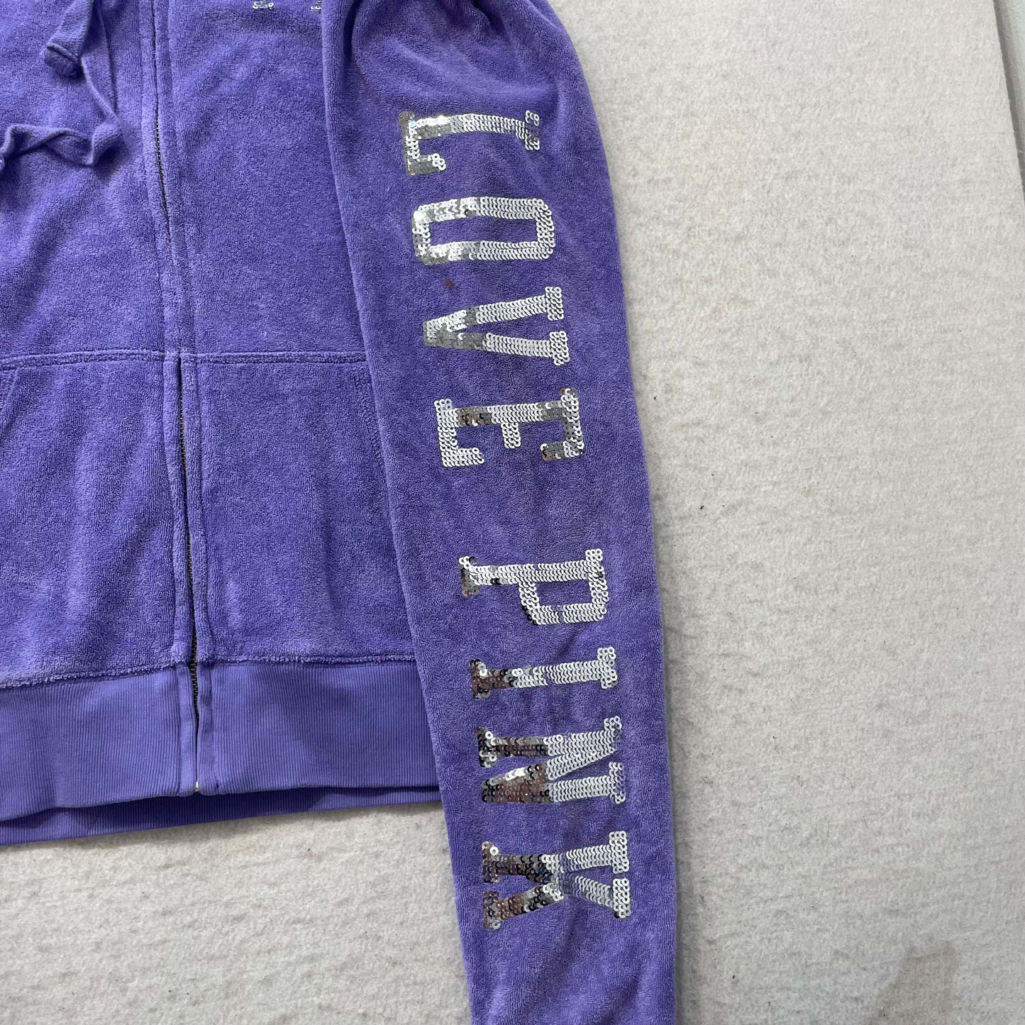 Victoria's Secret PINK Women Purple Velour Zip-Up Hoodie Sequin Logo Y2k Size L