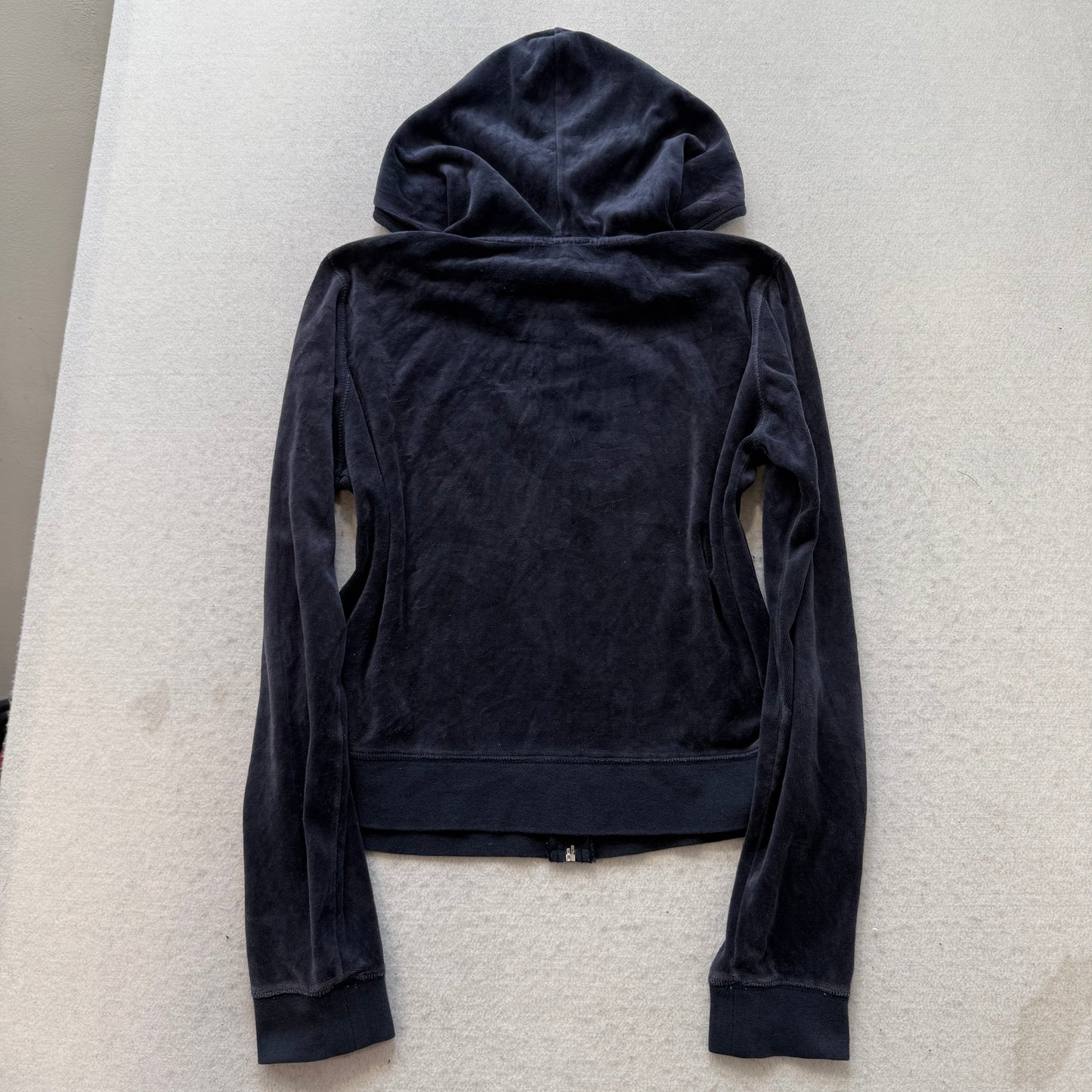 Vintage Juicy Couture Women's Navy Blue Velour Zip-Up Hoodie Pockets Y2k Size L