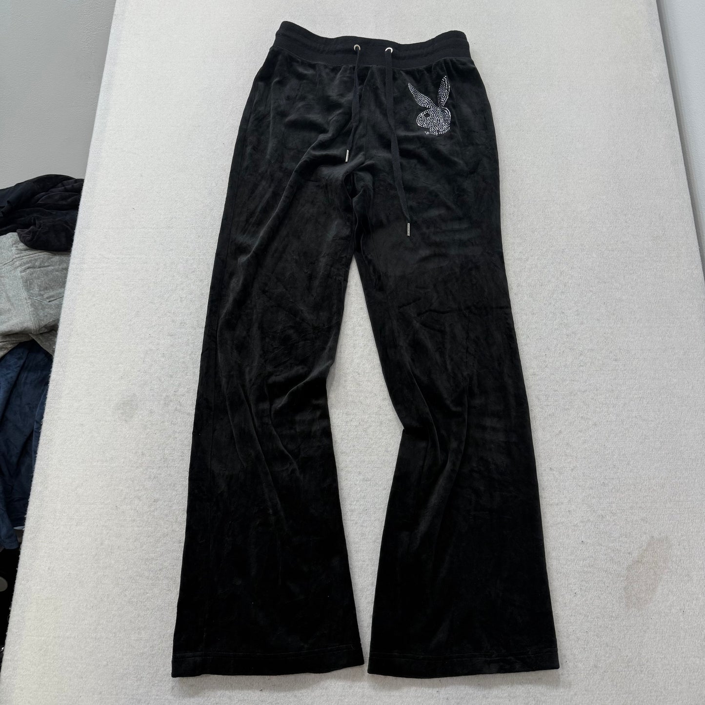 Playboy Women's Black Velour Flare Track Pant Drawstring Rhinestone logo Size XS