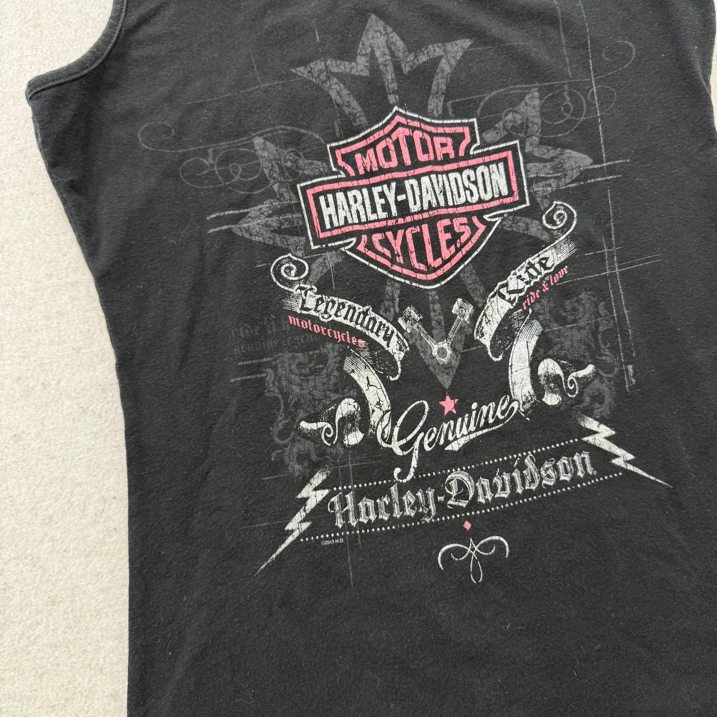 Harley Davidson Women Jet Black Cotton Tank Top Shredded Shoulder Graphic Size S