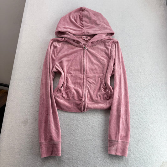 Juicy Couture Women's Pink Velour Zip-Up Cropped Hoodie Rhinestone Logo Size M