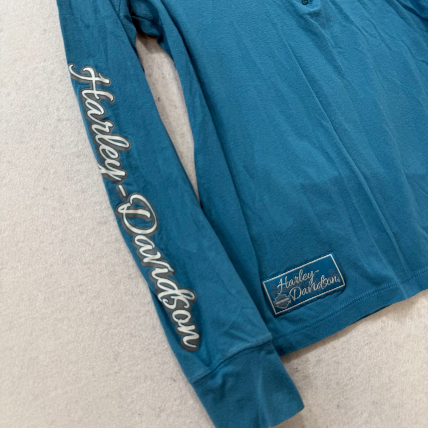 Harley Davidson Women's Teal Blue Cotton Pullover Shirt Quarter Zip Logo Size L
