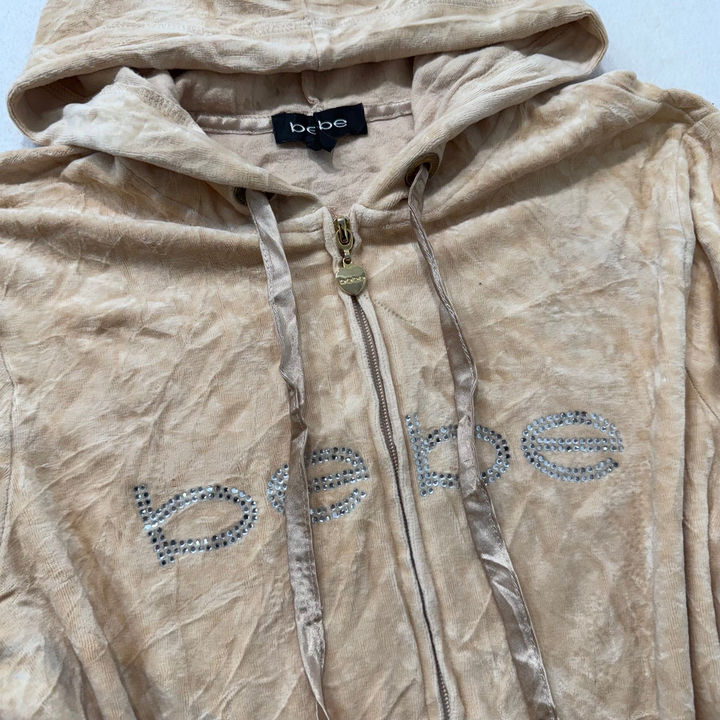 Bebe rhinestone sand velour zip hoodie jacket size L
