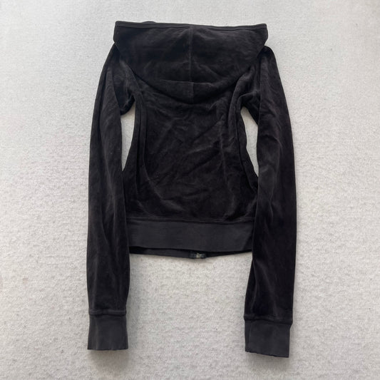 Vintage Juicy Couture Women Black Velour Zip-Up Hoodie Loungewear Pockets Size S