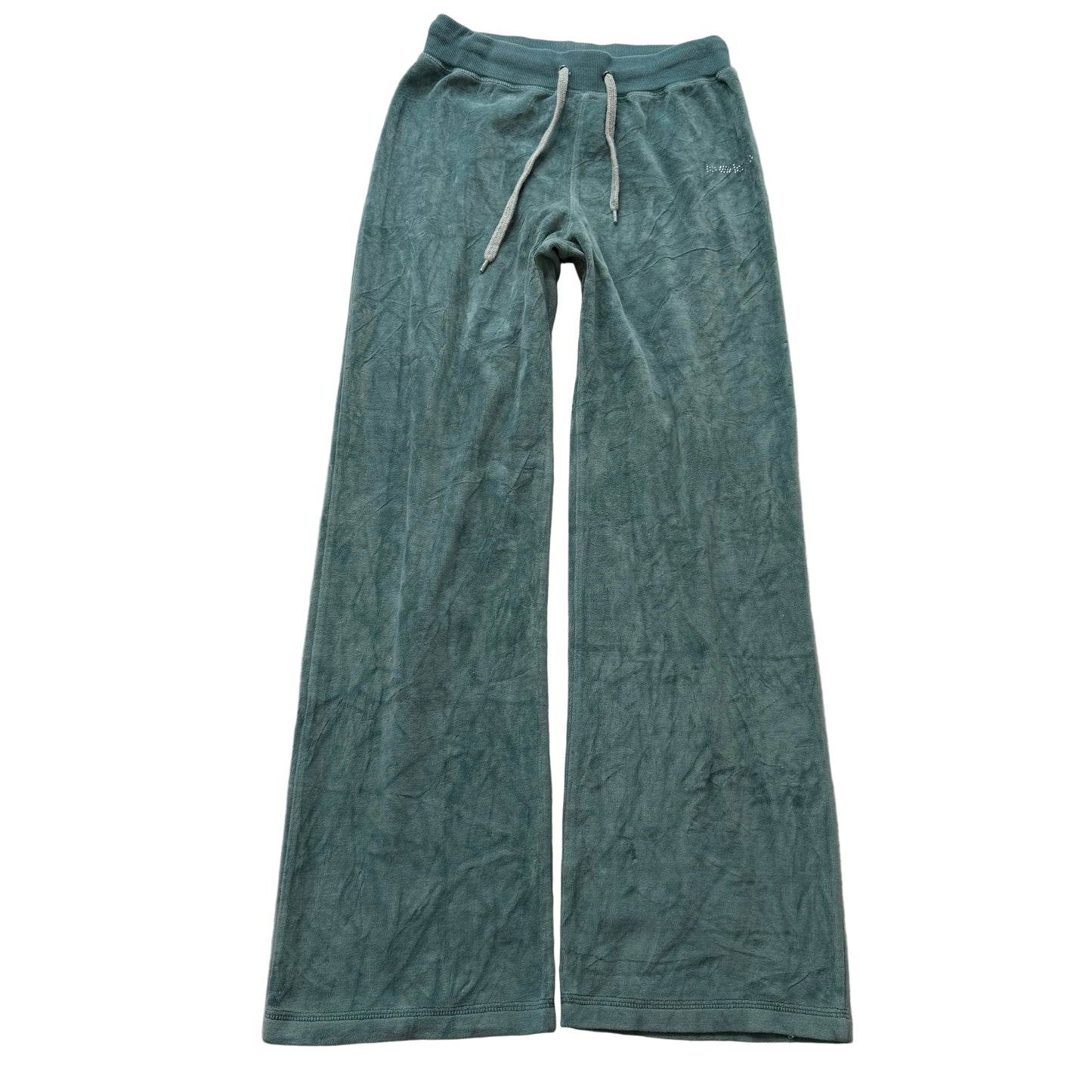 Bebe Women's Slate Green Velour Flared Track Pants Casual Rhinestone Logo Size L