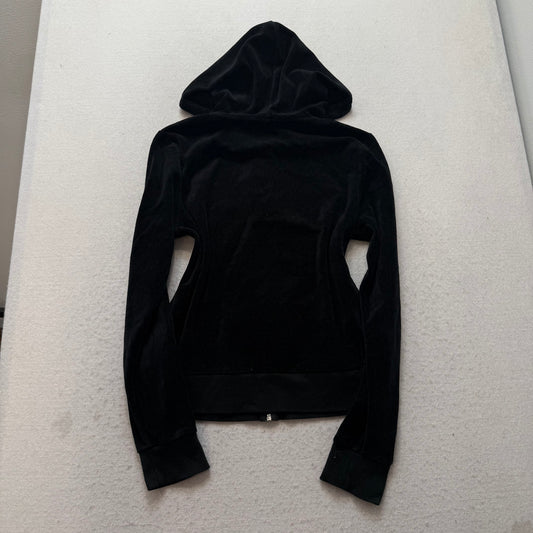 Vintage Juicy Couture Women's Black Velour Zip-Up Hoodie Pockets Y2K Size L