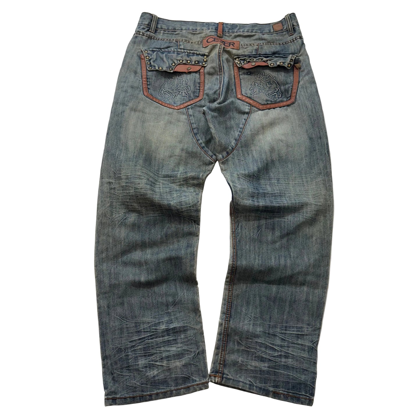 CEZER Men's Light Blue Denim Baggy Jeans Outer Flap Back Pockets Faded Size 40