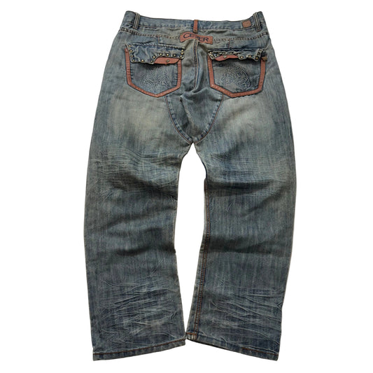 CEZER Men's Light Blue Denim Baggy Jeans Outer Flap Back Pockets Faded Size 40