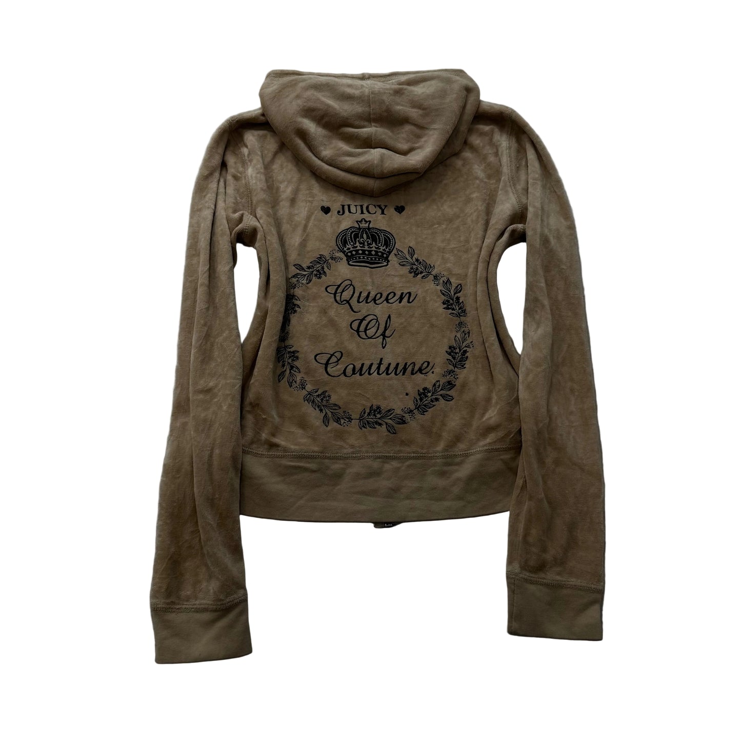 Vintage Juicy Couture "Queen of Couture" Women Khaki Velour Zip-Up Hoodie Size L