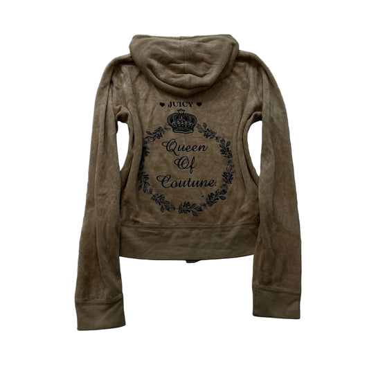 Vintage Juicy Couture "Queen of Couture" Women Khaki Velour Zip-Up Hoodie Size L