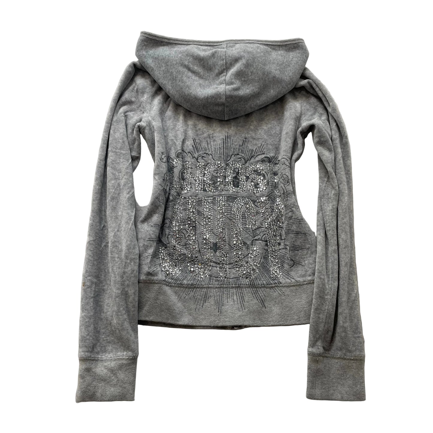 Vintage Juicy Couture Women's Gray Velour Zip Up Hoodie Rhinestones Logo Size S