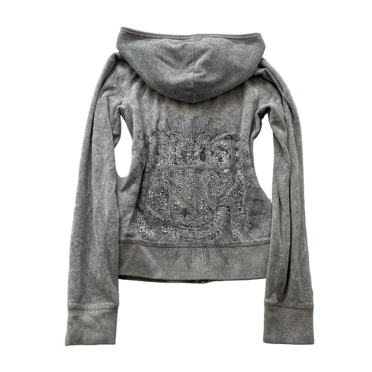 Vintage Juicy Couture Women's Gray Velour Zip Up Hoodie Rhinestones Logo Size S