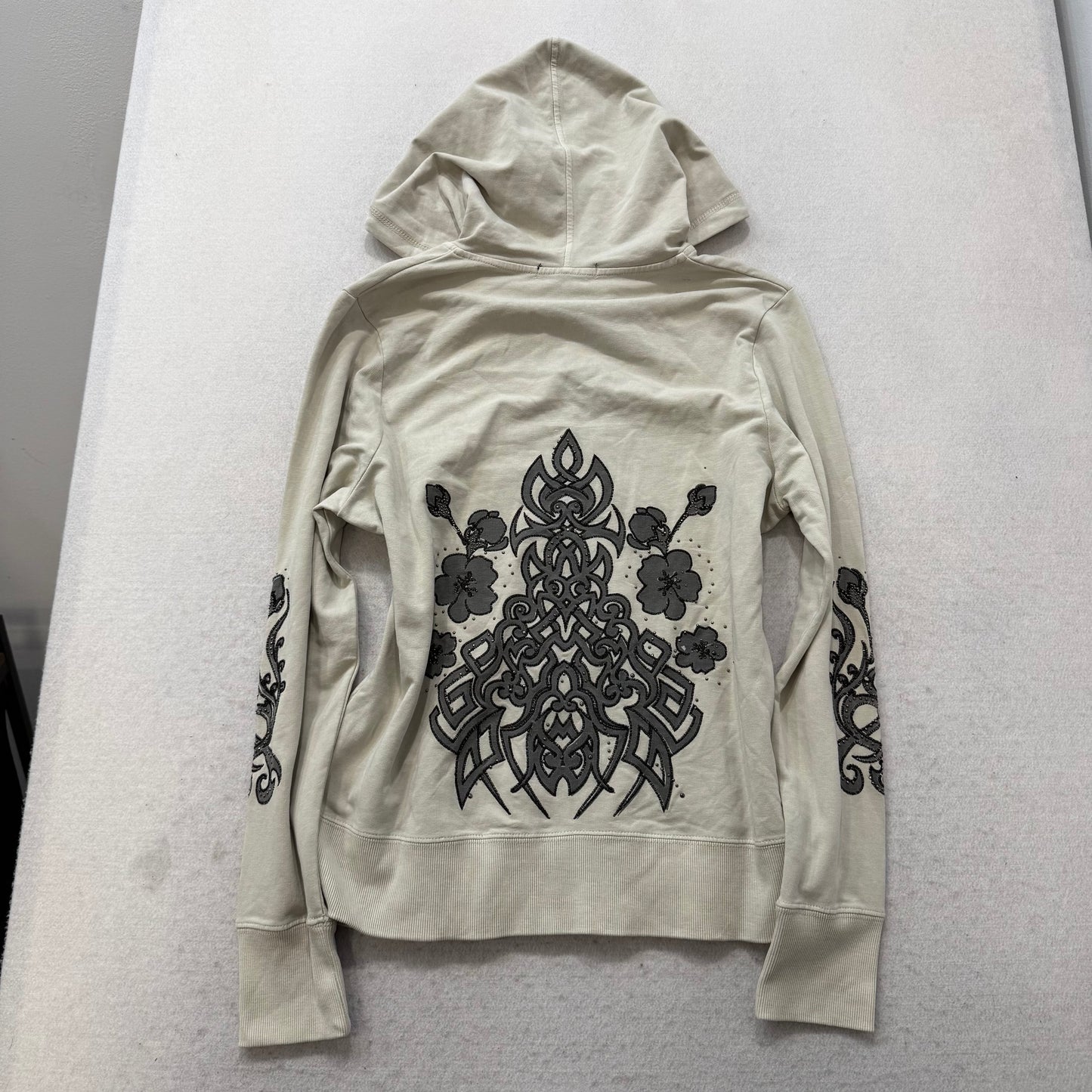 Vertigo Women's White Cotton Zip Up Hoodie Floral Rhinestones Logo Y2K Size XL