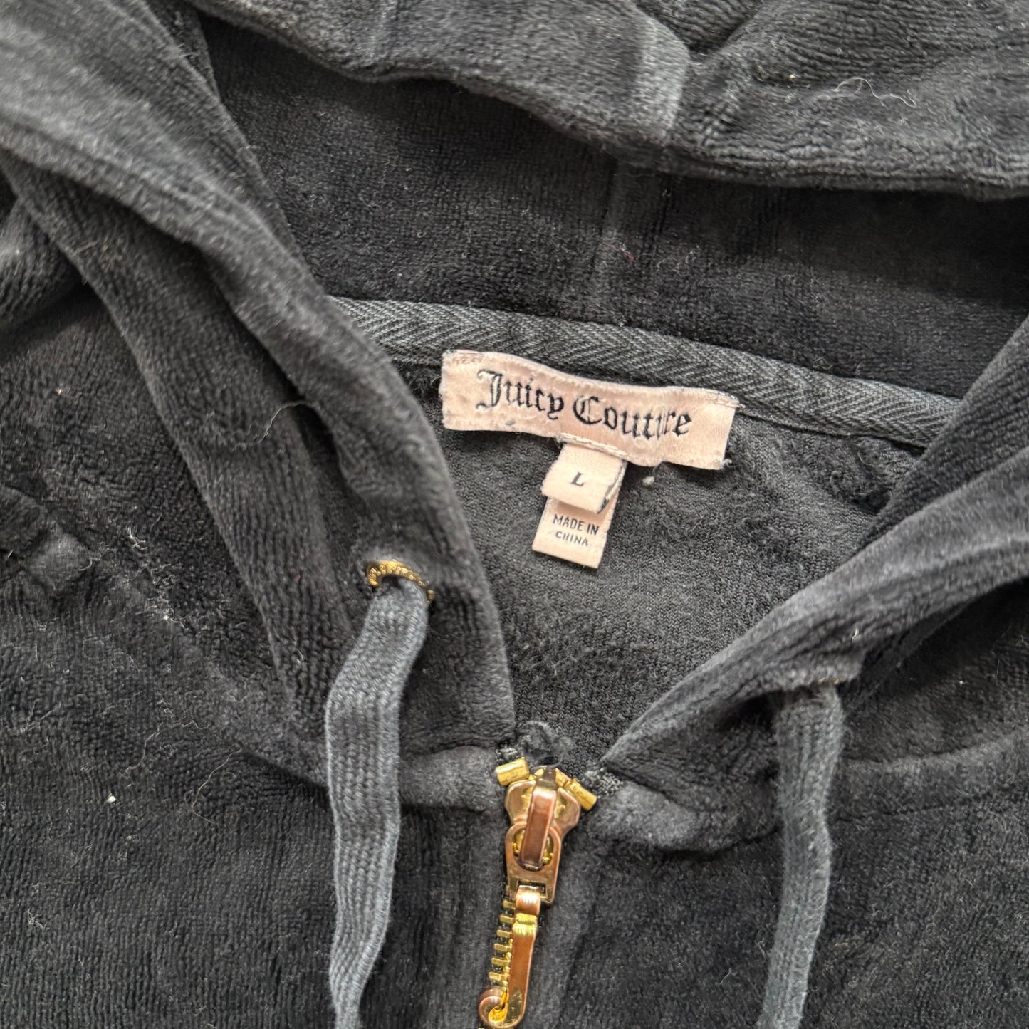 Juicy Couture Womens Black Velour Zip-Up Hoodie Gold Sequin Logo Spellout Size L