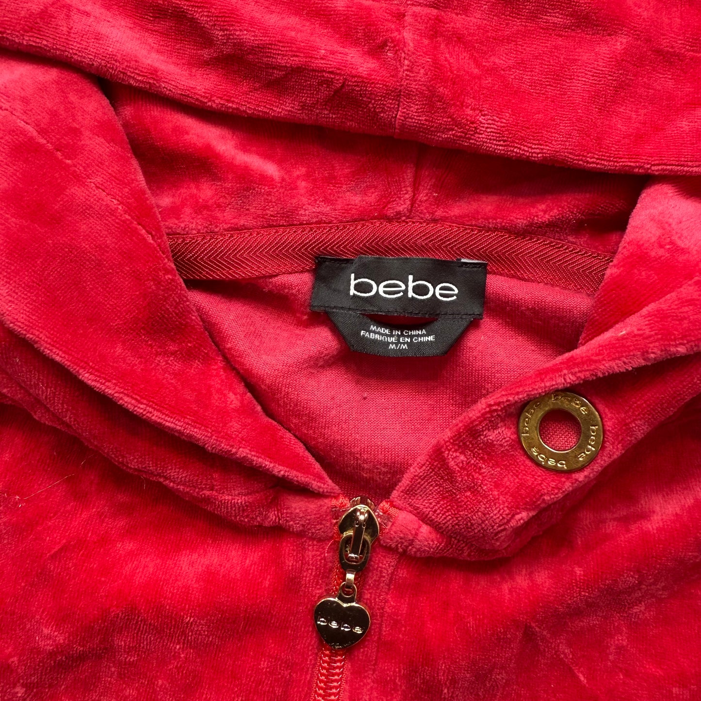 Bebe Women's Cherry Red Velour Full Zip Hoodie Rhinestones Logo Pockets Size M