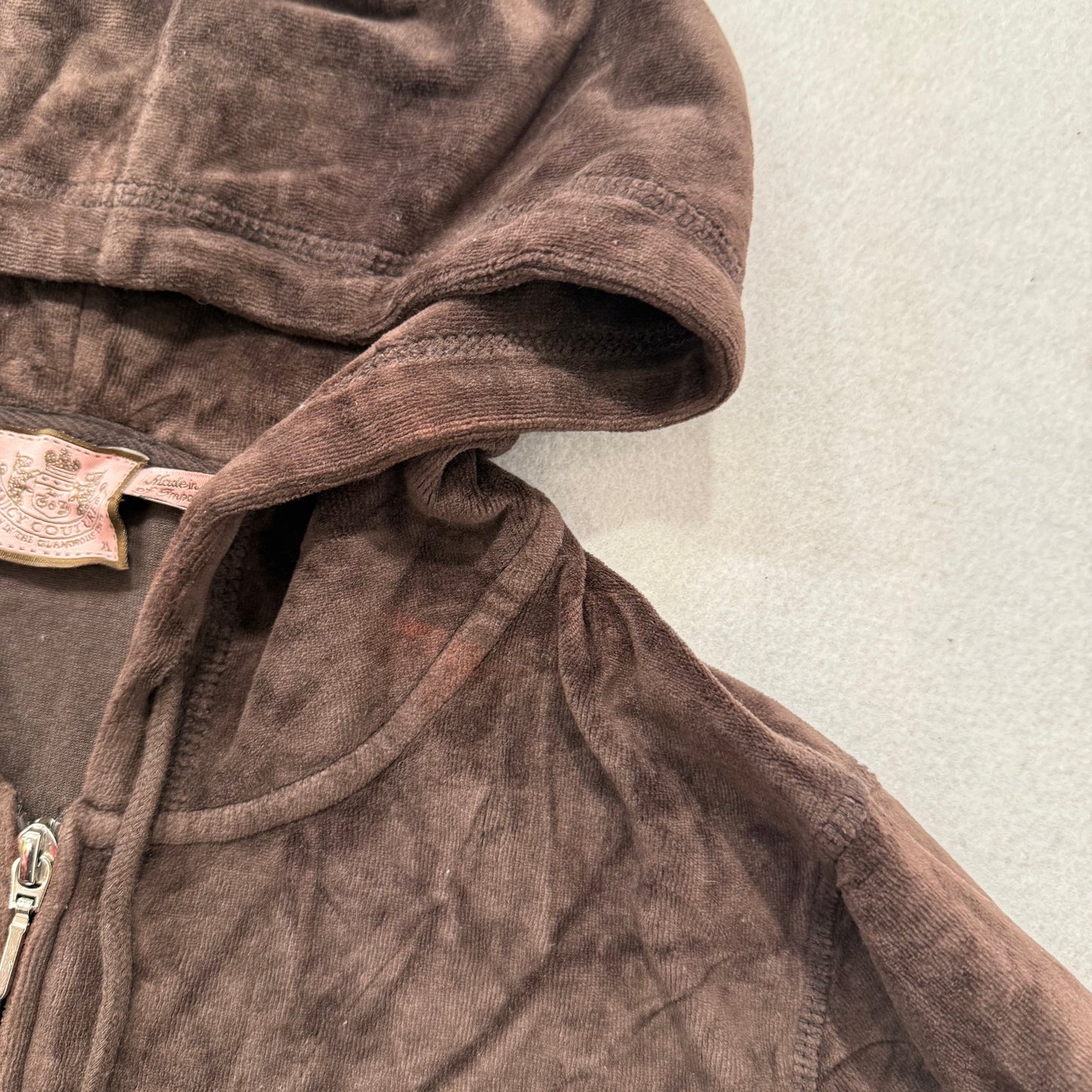 Juicy Couture Women's Brown Velour Zip Up Hoodie Split Kangaroo Pockets Size XL