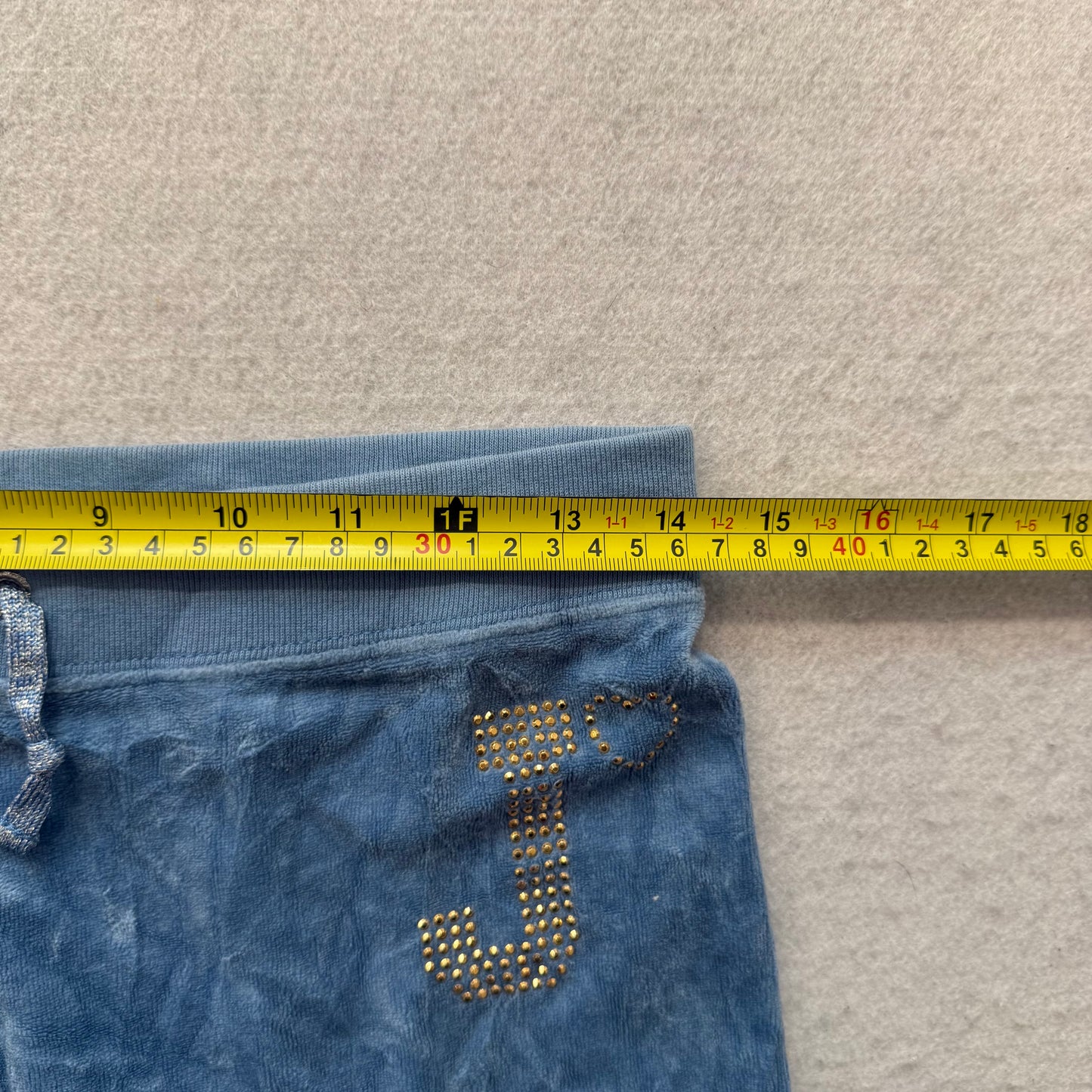 Juicy Couture Women's Slate Blue Velour Flare Track Pant Rhinestone Logo Size 14