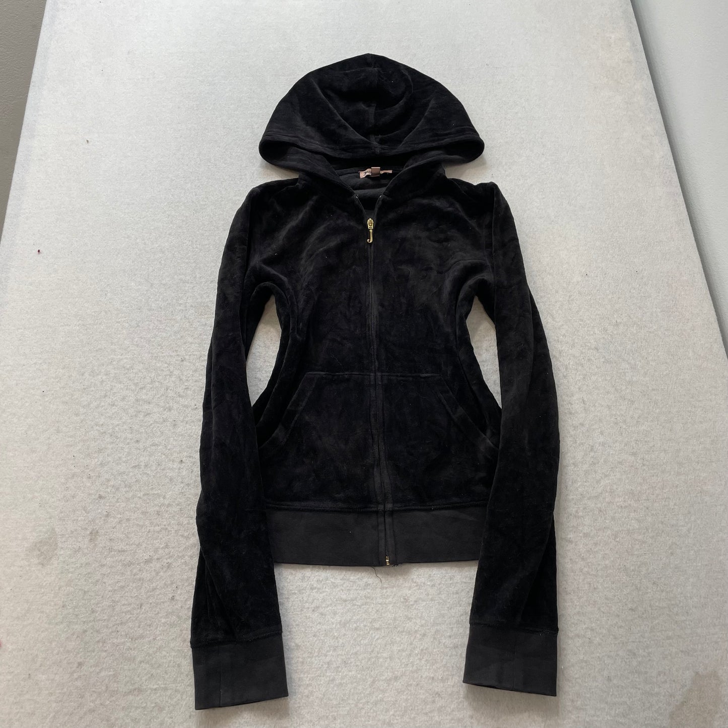 Juicy Couture Women's Black Velour Zip-Up Hoodie Pockets Embroidered Logo Size M
