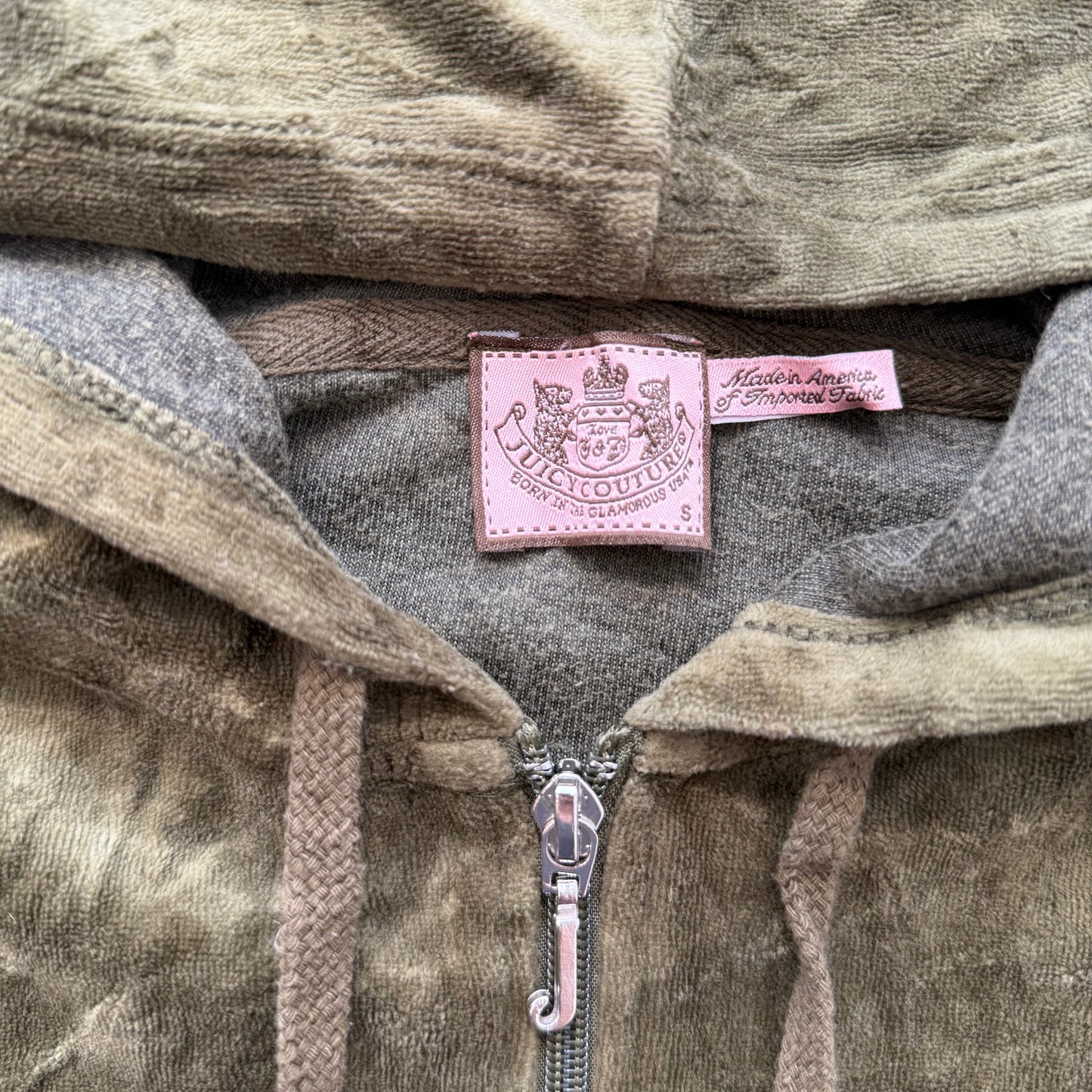 Vintage Juicy Couture Womens Olive Green Velour Zip-Up Hoodie Pockets Y2K Size S