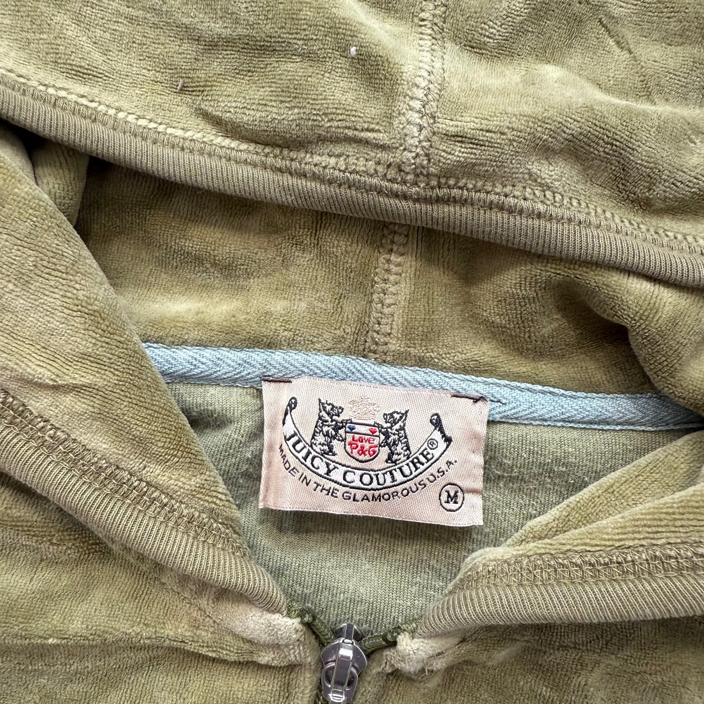 2003 Vintage Juicy Couture Women's Olive Green Velour Hoodie Lace Cuffs Size M