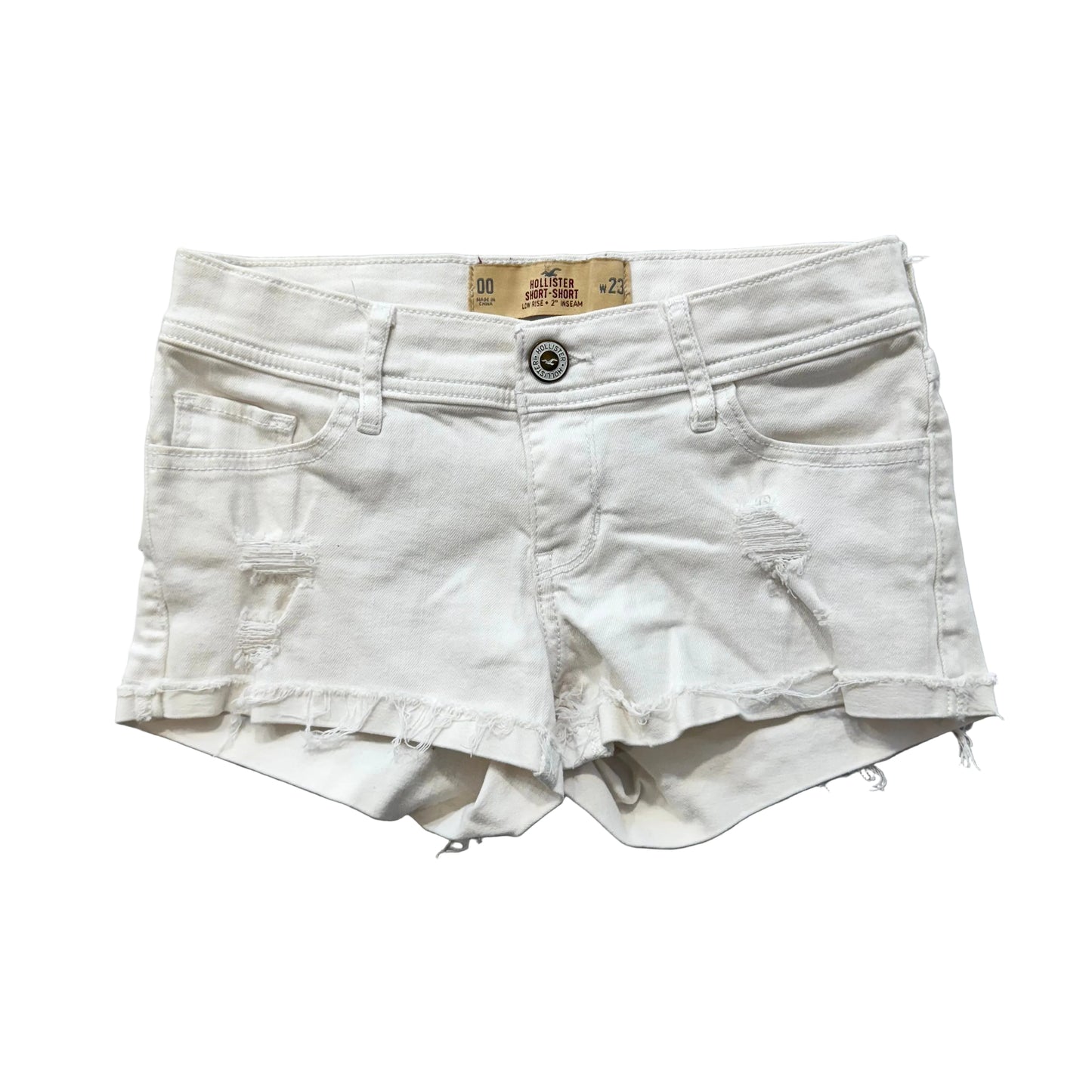 Hollister Womens White Denim Distressed Short-Shorts Low-Rise Frayed Hem Size 23