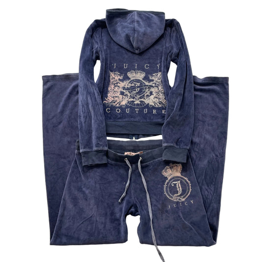 Juicy Couture Women's Navy Velour Tracksuit Sets Rhinestones Graphic Logo Size M