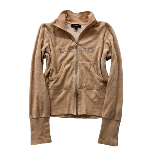 Bebe Women's Camel Velour Full Zip Track Jacket Rhinestones Logo Preppy Size L
