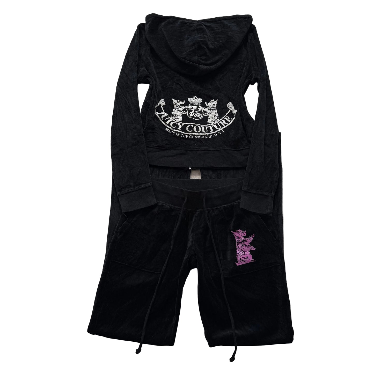 Vtg Juicy Couture Scottie Dogs Black Velour Tracksuit Set Hoodie & Pant Size S