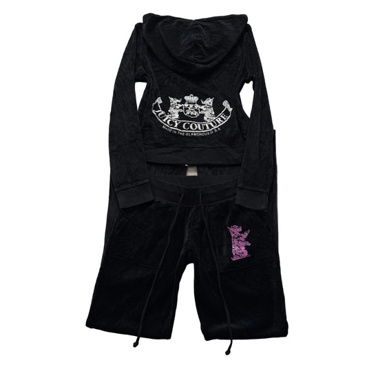 Vtg Juicy Couture Scottie Dogs Black Velour Tracksuit Set Hoodie & Pant Size S