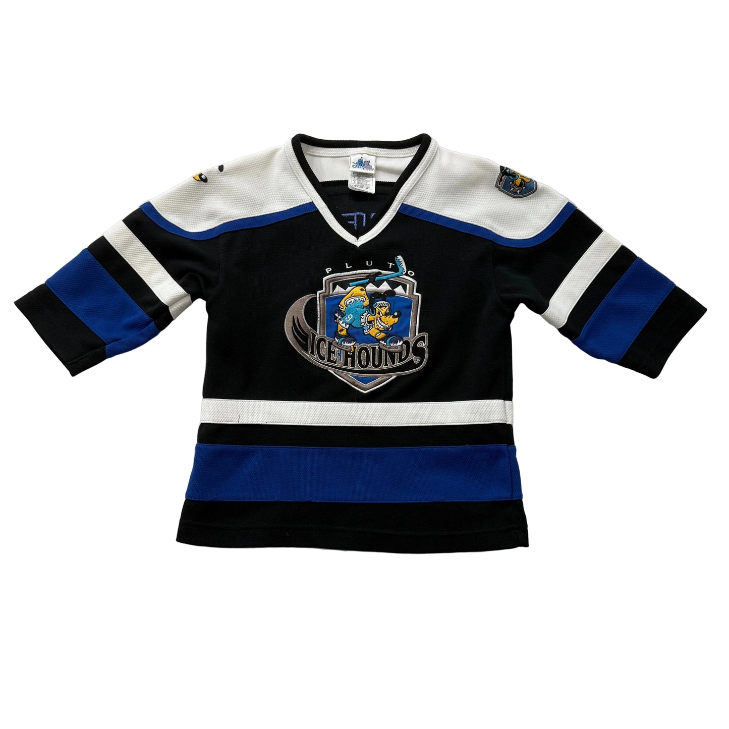 Vintage Disneyland Resort Pluto #K9 Kids Black Blue Icehounds Hockey Jersey Size S