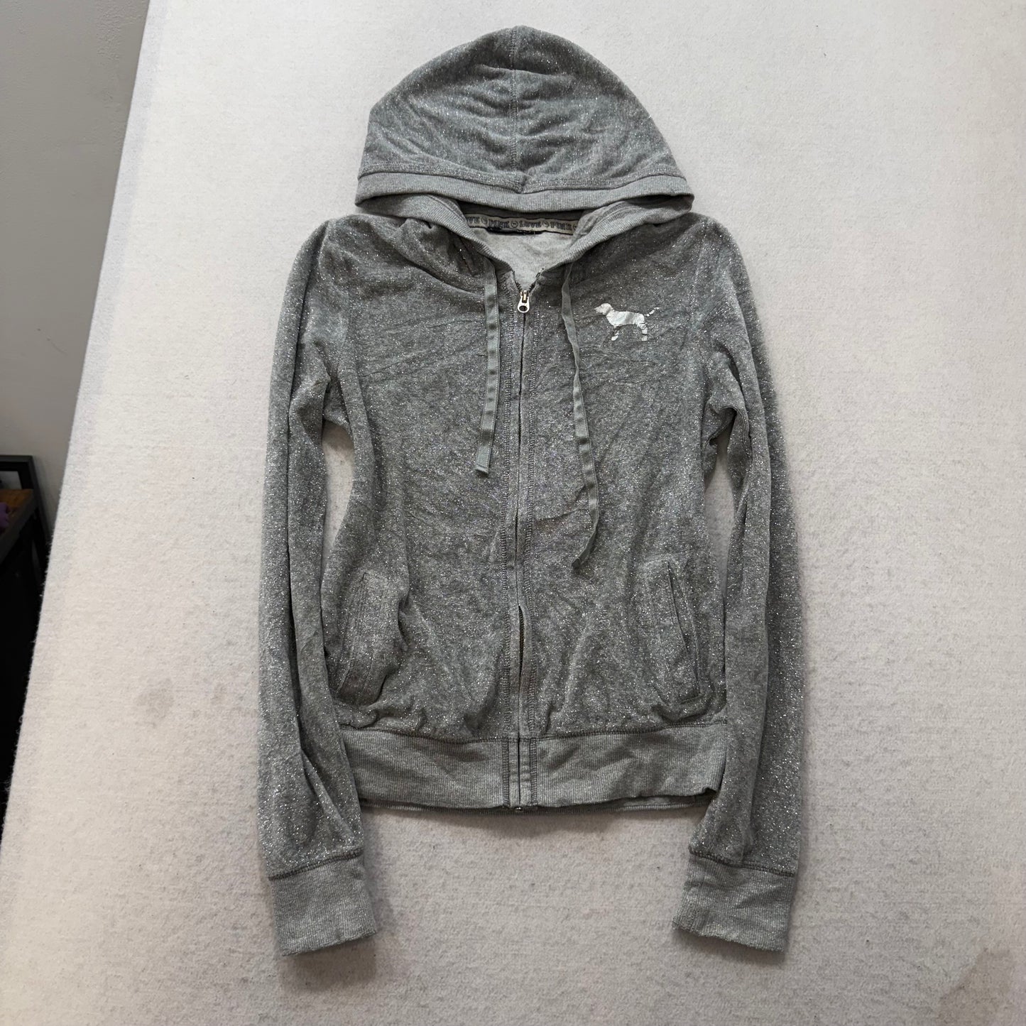PINK Victoria's Secret Women's Gray Full Zip Hoodie Sequins Heart Logo Size S