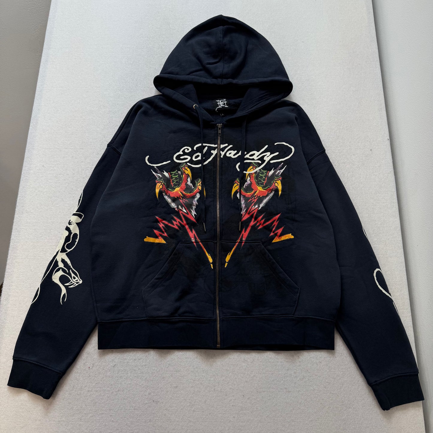 ED HARDY “Tiger Flame” SUNFADED NAVY BOXY ZIP UP HOODIE