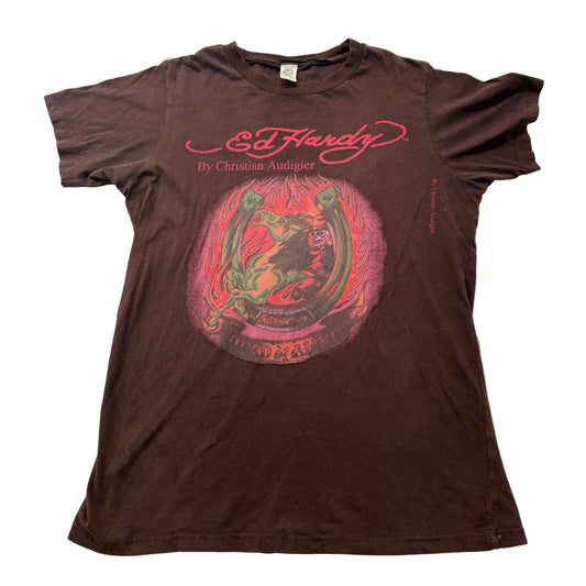 Ed Hardy by Christian Audigier Men's Brown Cotton T-Shirt Graphic Tee Size M