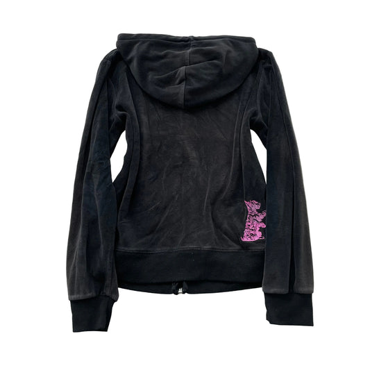 Vintage Juicy Couture Women Charcoal Grey Velour Zip-Up Hoodie Drawstring Size S