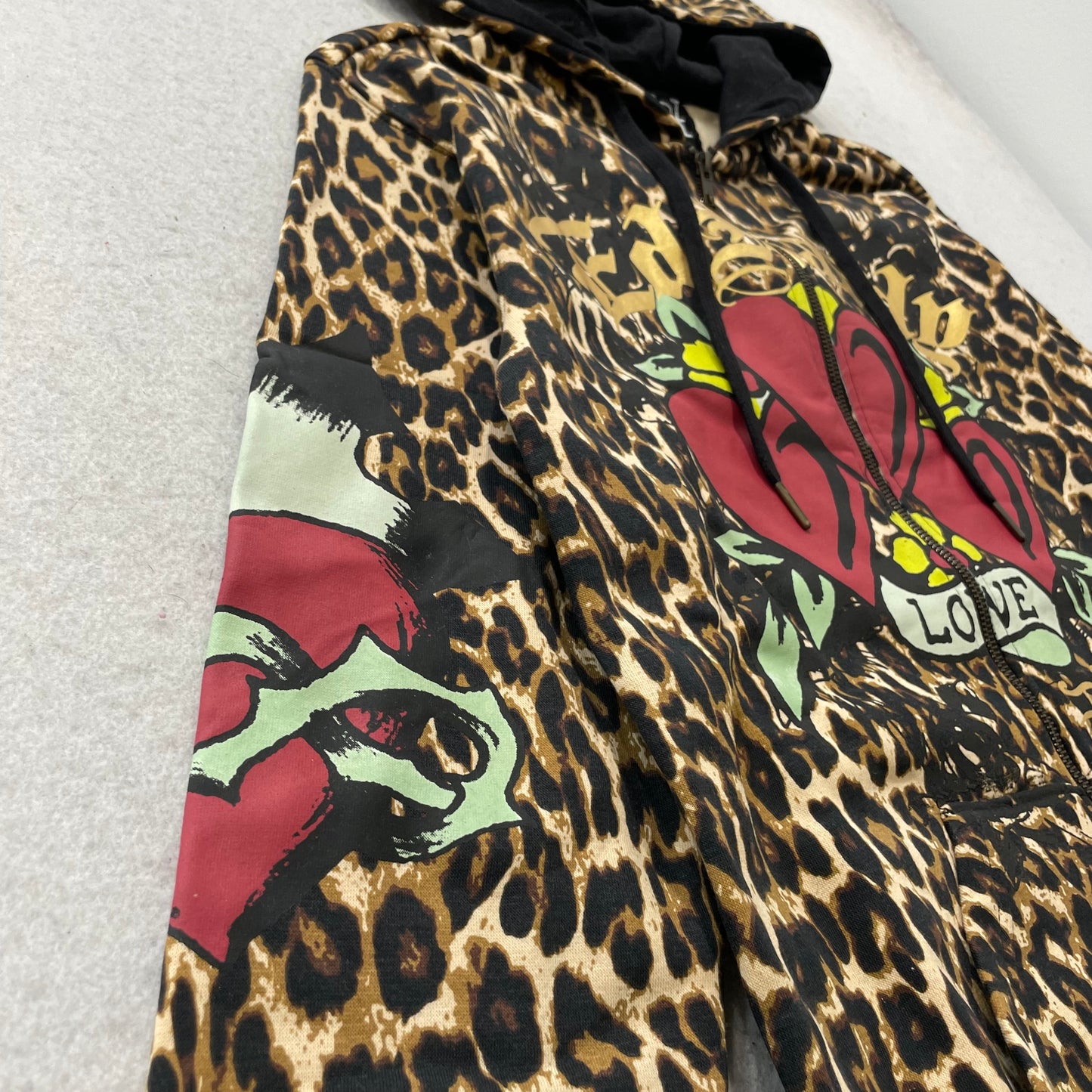 Ed Hardy Heart Tattoo Graphic Women's Leopard Print Zip-Up Fleece Hoodie Size XS