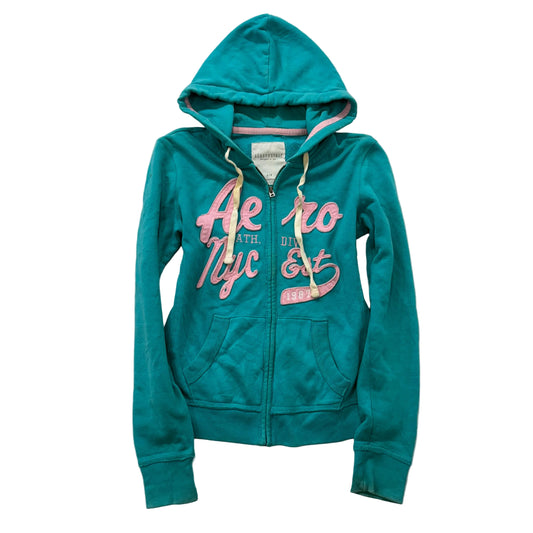 Aeropostale Teal Blue Embroidered Logo Full-Zip Hoodie Drawstring Classic Size S