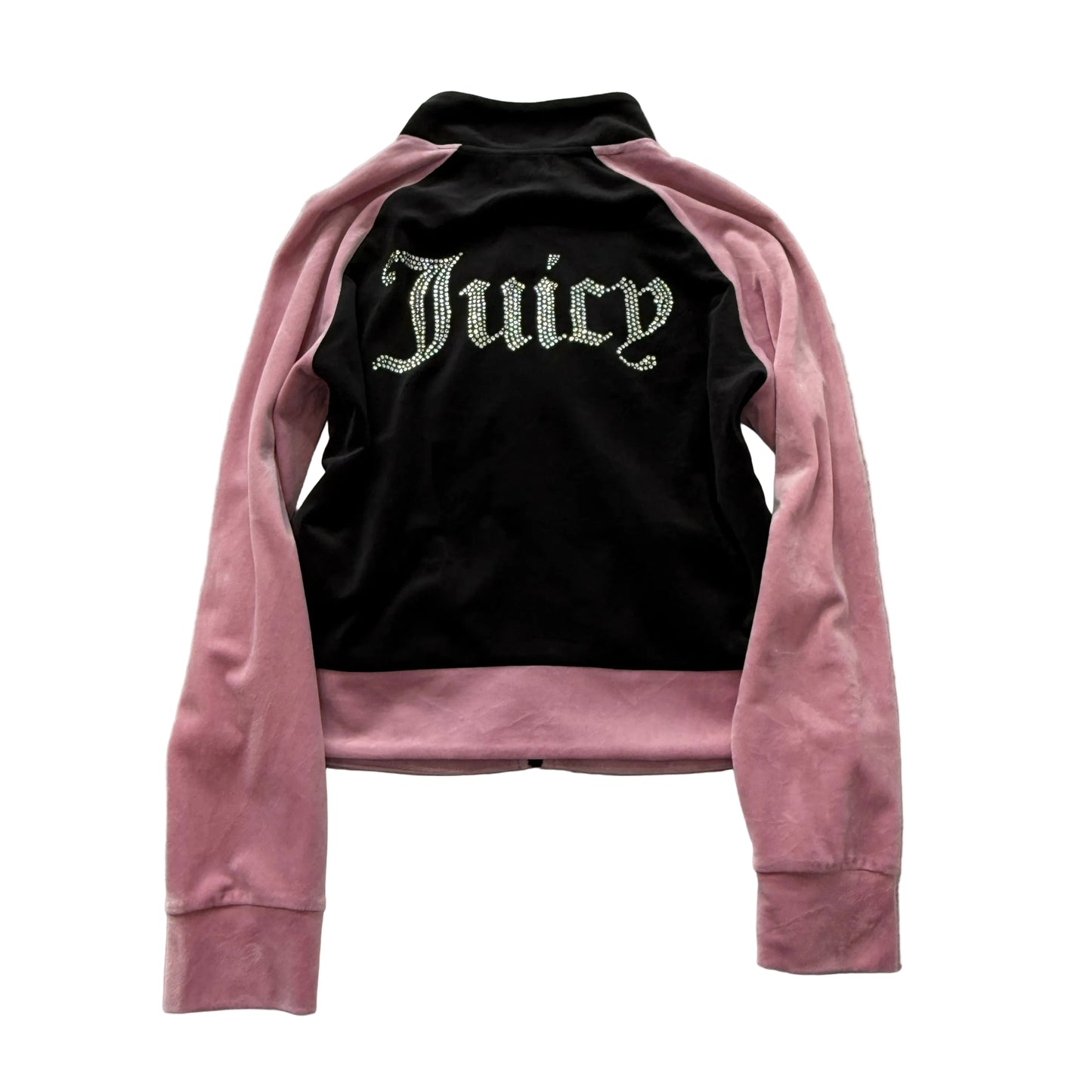 Juicy Couture Women's Black Pink Velour Zip-Up Track Jacket Rhinestone Logo - XL
