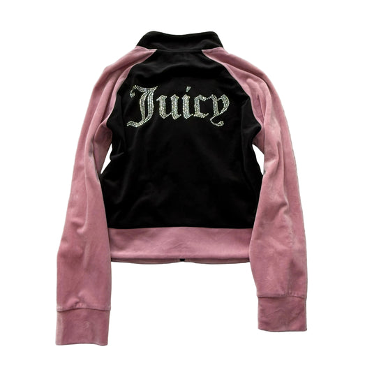 Juicy Couture Women's Black Pink Velour Zip-Up Track Jacket Rhinestone Logo - XL