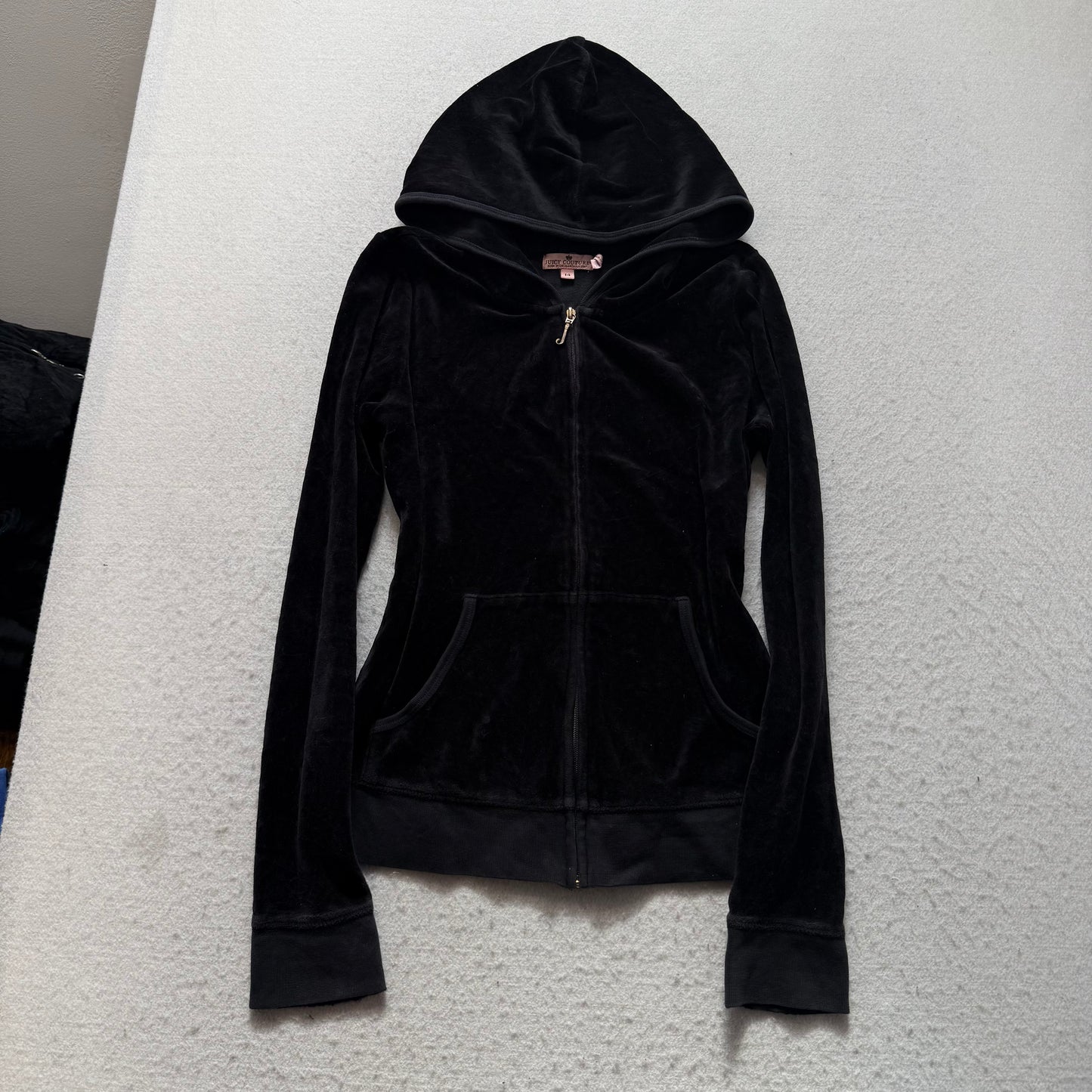 Juicy Couture “Juicy Girls Live For Sugar” Womens Black Velour Hoodie Size 14