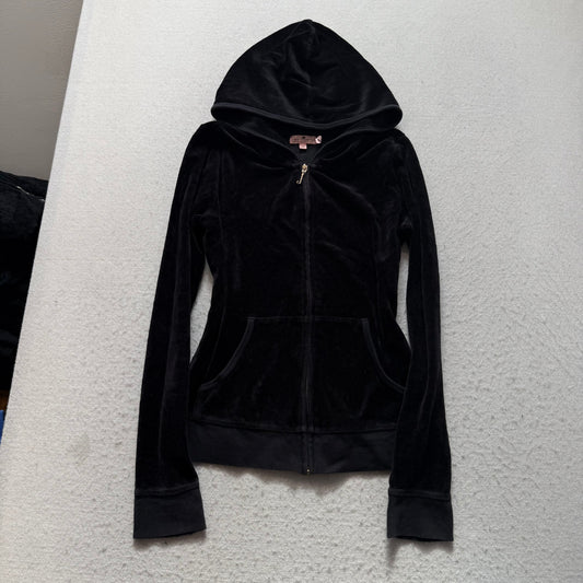 Juicy Couture “Juicy Girls Live For Sugar” Womens Black Velour Hoodie Size 14