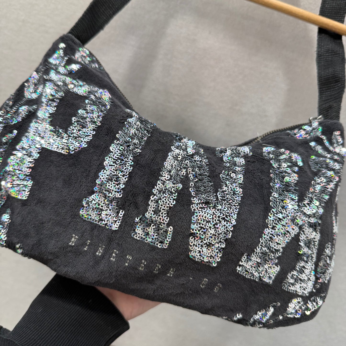 Victoria's Secret PINK Black Velour Sequin Embellished Causal Logo Shoulder Bag