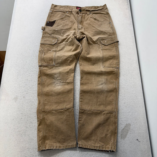 Wrangler Workwear Men's Khaki Relaxed Fit Cargo Pants Distressed Logo Size W34